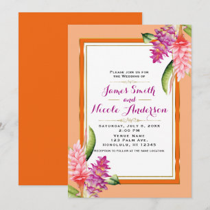 Tropische Blumen-Koralle Orange & Gold Chic Hochze Einladung