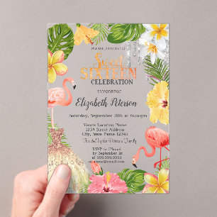 Tropische Blumen Palm Flamingos Kleid Sweet 16 Acryleinladungen