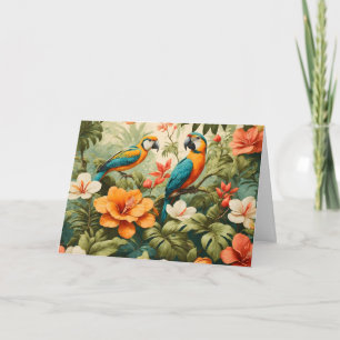 Tropische Blumen, Pflanzen und Papageien im Vintag Karte