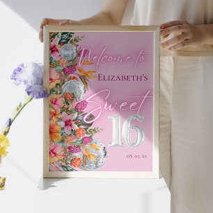 Tropische Blumen Rosa Neon-Glow Sweet 16 Willkomme Poster