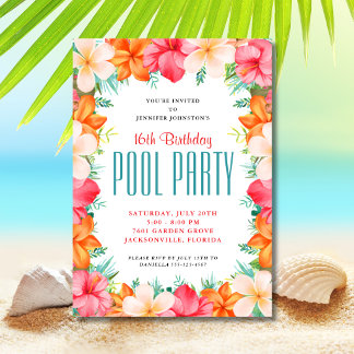 Tropische Blumen-Schwimmbad-Party-Geburtstag Einladung