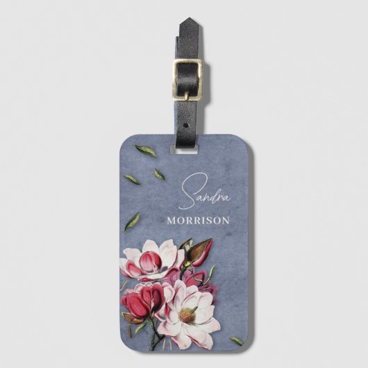 Tropische Blumen Staubblau Monogramm Name Gepäckanhänger (Vorderseite Vertikal)