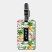 Tropische Blumen u. Ananas auf aquamarinen Gepäckanhänger (Vorderseite vertikal)