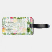 Tropische Blumen u. Ananas auf aquamarinen Gepäckanhänger (Rückseite horizontal)