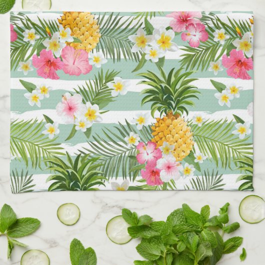 Tropische Blumen u. Ananas auf aquamarinen Geschirrtuch (Gefaltet)