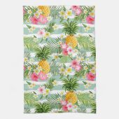 Tropische Blumen u. Ananas auf aquamarinen Geschirrtuch (Vertikal)