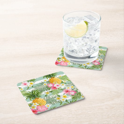 Tropische Blumen u. Ananas auf aquamarinen Rechteckiger Pappuntersetzer (Vor Ort)