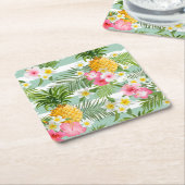 Tropische Blumen u. Ananas auf aquamarinen Rechteckiger Pappuntersetzer (angewinkelt)