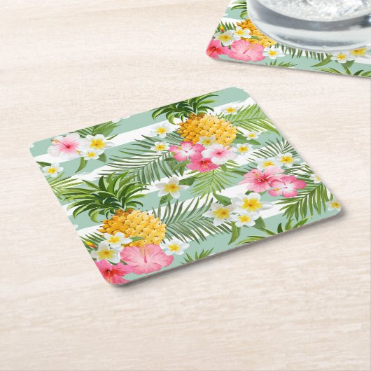 Tropische Blumen u. Ananas auf aquamarinen Rechteckiger Pappuntersetzer (angewinkelt)