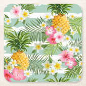 Tropische Blumen u. Ananas auf aquamarinen Rechteckiger Pappuntersetzer (Vorderseite)