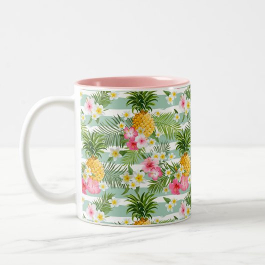 Tropische Blumen u. Ananas auf aquamarinen Zweifarbige Tasse (Links)