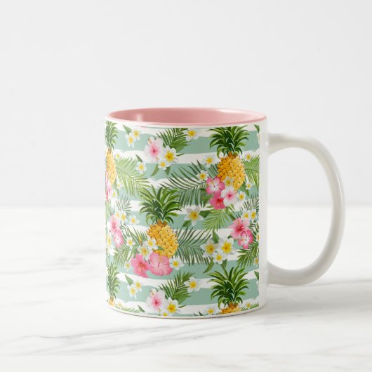 Tropische Blumen u. Ananas auf aquamarinen Zweifarbige Tasse (Rechts)