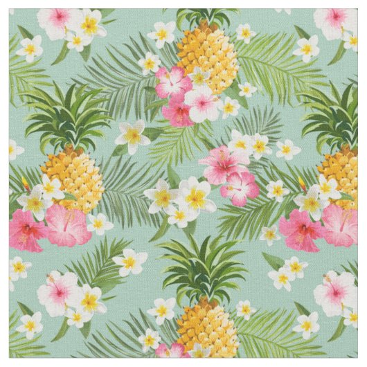 Tropische Blumen u. Ananas Stoff (Nahaufnahme)