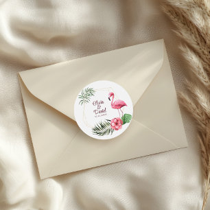 Tropische Blumen und Flamingo-Hochzeit Runder Aufkleber
