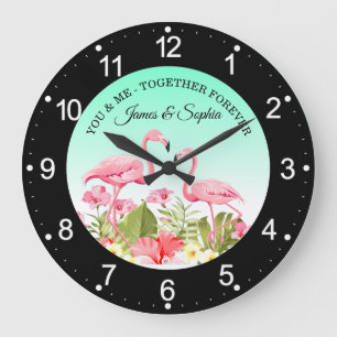 Tropische Blumen und Flamingos Design Große Wanduhr