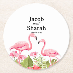Tropische Blumen und Flamingos Design Runder Pappuntersetzer
