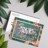 Tropische Blumen- und Goldrahmen-Hochzeit retten d Ankündigungspostkarte