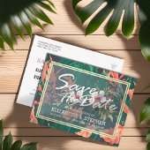 Tropische Blumen- und Goldrahmen-Hochzeit retten d Ankündigungspostkarte