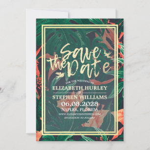 Tropische Blumen- und Goldrahmen-Hochzeit retten d Save The Date