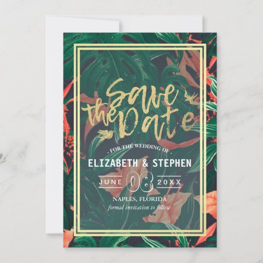 Tropische Blumen- und Goldrahmen-Hochzeit retten d Save The Date (Vorderseite)