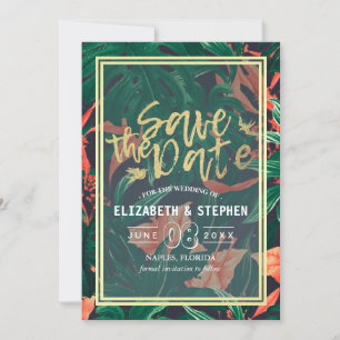 Tropische Blumen- und Goldrahmen-Hochzeit retten d Save The Date