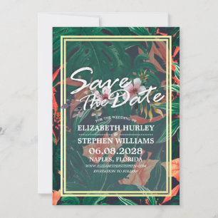 Tropische Blumen- und Goldrahmen-Hochzeit retten d Save The Date