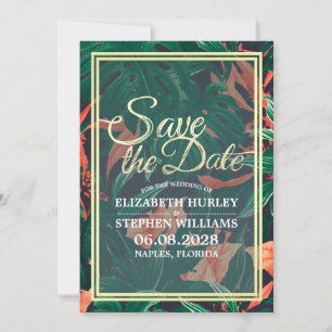Tropische Blumen- und Goldrahmen-Hochzeit retten d Save The Date