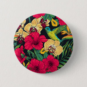 Tropische Blumen und Kolibri - Sommer Botanica Button