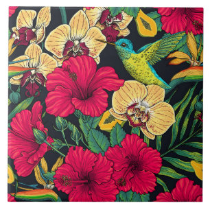 Tropische Blumen und Kolibri - Sommer Botanica Fliese