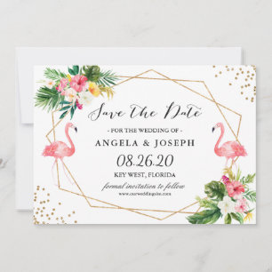 Tropische Blumenblätter Flamingos Datum speichern Save The Date