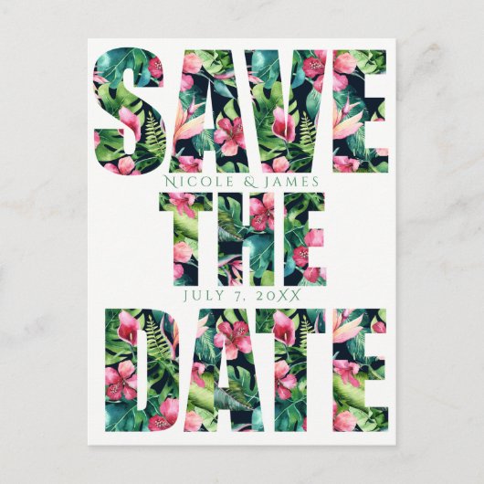 Tropische blumenhawaiianische Hochzeit rettet das  Ankündigungspostkarte (Vorderseite)