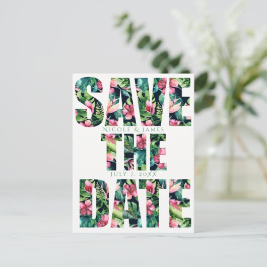 Tropische blumenhawaiianische Hochzeit rettet das  Ankündigungspostkarte (Stehend Vorderseite)