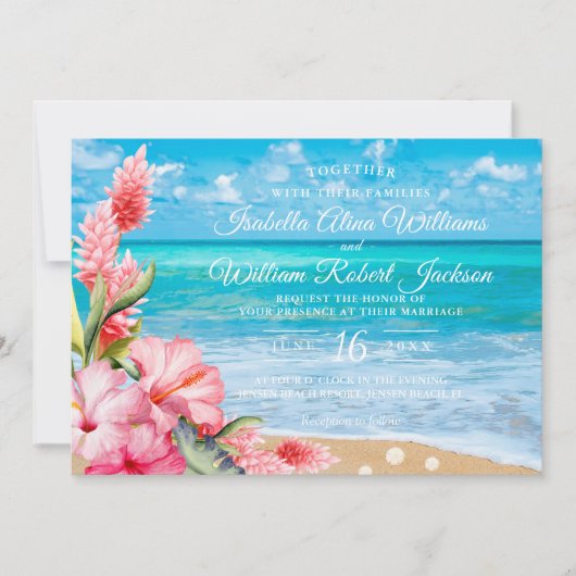 Tropische BlumenHibiskus-Strand-Hochzeit Einladung (Vorderseite)