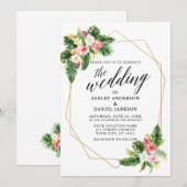 Tropische Blumenkalligrafie Gold Geo Frame Einladung (Vorne/Hinten)