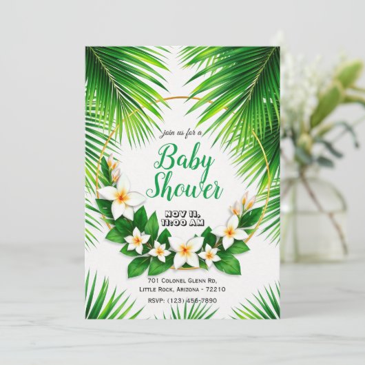 Tropische Blüte mit Palm Blätter Kinderdusche Einladung (Stehend Vorderseite)