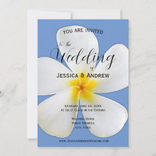 Tropische Blüte, weiße Plumeria auf blau, Hochzeit Einladung