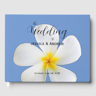 Tropische Blüte, weiße Plumeria auf blau, Hochzeit Gästebuch