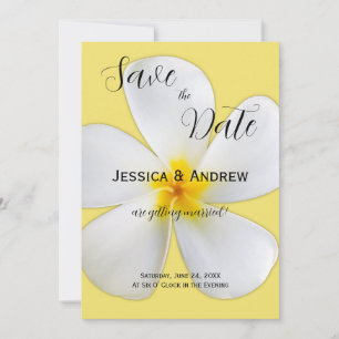 Tropische Blüte, weiße Plumeria auf Gelb, Hochzeit Save The Date