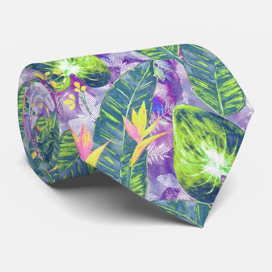 Tropische Blüten, botanisch, lila, grün, rosa Krawatte (Gerollt)