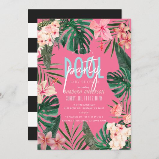 Tropische Blütenneon Pink Girl Babydusche Einladung (Vorne/Hinten)
