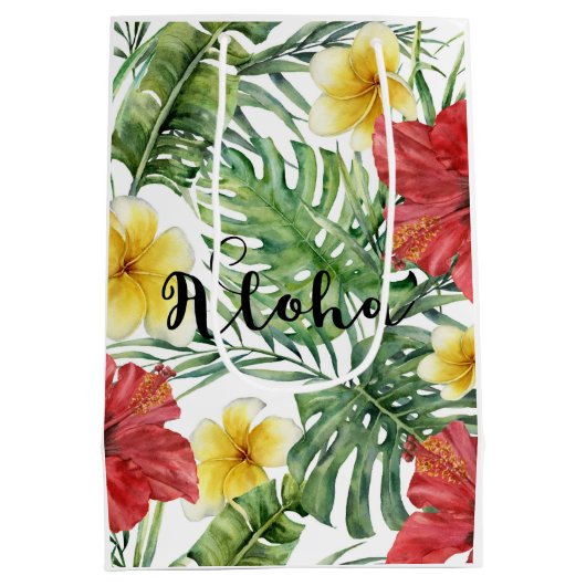 Tropische botanische Blätter und Blume Floral Aloh Mittlere Geschenktüte (Rückseite)