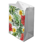 Tropische botanische Blätter und Blume Floral Aloh Mittlere Geschenktüte (Rückseite Schrägansicht)
