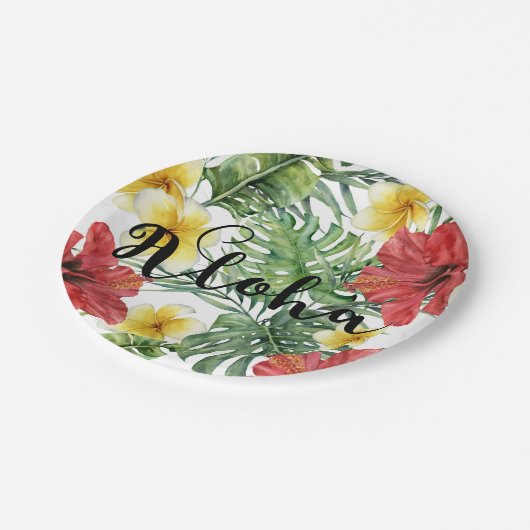 Tropische botanische Blätter und Blume Floral Aloh Pappteller (Schrägansicht)