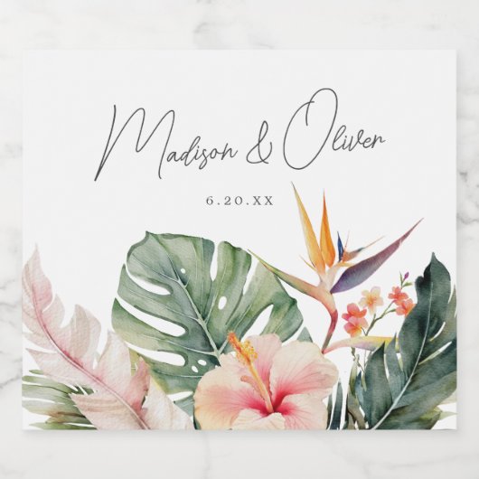 Tropische botanische Hochzeit in Urlaubsort Schaumweinetikett (Einzelnes Label)