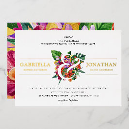 Tropische Bouquet- und moderne Typografie-Hochzeit Folieneinladung