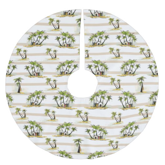 Tropische Bretterbude und Palmen Polyester Weihnachtsbaumdecke (Vorderseite)