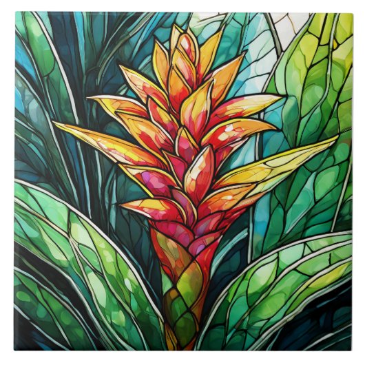 Tropische Bromeliad-Glasmalerei Fliese (Vorderseite)