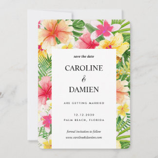 Tropische Destination Hochzeit mit Blüte speichern Einladung