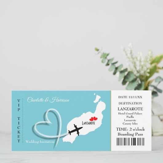 Tropische Destination Lanzarote Spanien Hochzeit a Einladung (Stehend Vorderseite)