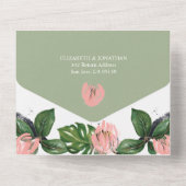 Tropische Dschungelbäume Blätter & rosa Blume Mode All In One Einladung (Rückseite)